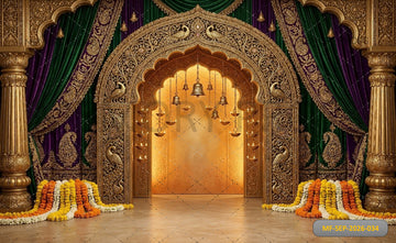 ROYAL GOLDEN PEACOCK ARCH WITH VELVET CURTAINS AND FLORAL GARLANDS - PRINTED BACKDROP