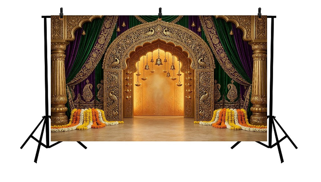 ROYAL GOLDEN PEACOCK ARCH WITH VELVET CURTAINS AND FLORAL GARLANDS - PRINTED BACKDROP