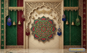 ROYAL LOTUS MANDALA ARCH WITH EMBROIDERED CURTAINS AND HANGING BELLS - PRINTED BACKDROP