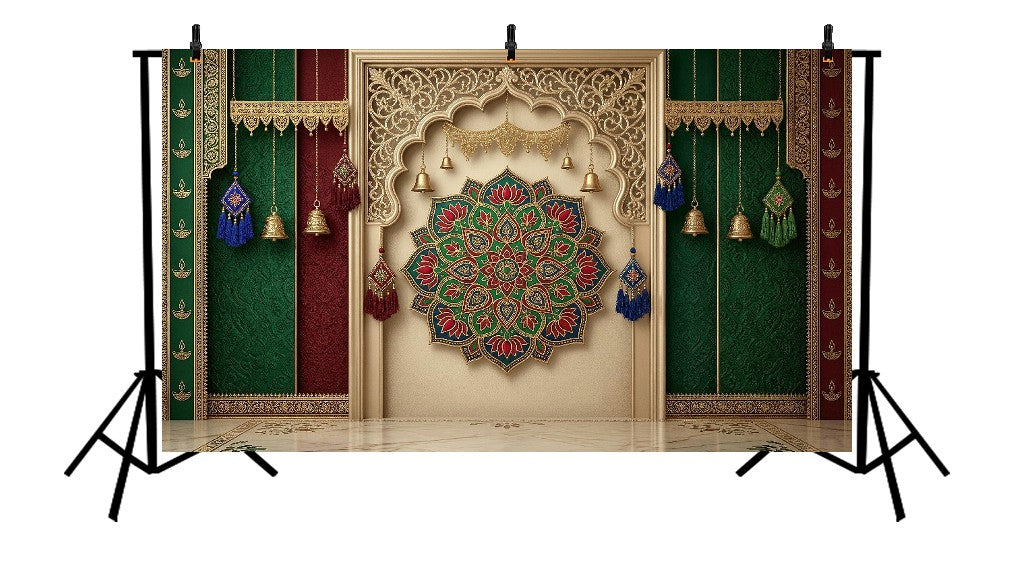 ROYAL LOTUS MANDALA ARCH WITH EMBROIDERED CURTAINS AND HANGING BELLS - PRINTED BACKDROP