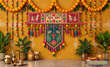 TRADITIONAL SHUBH LABH PEACOCK TORAN & MARIGOLD FESTIVE DECOR - PRINTED BACKDROP