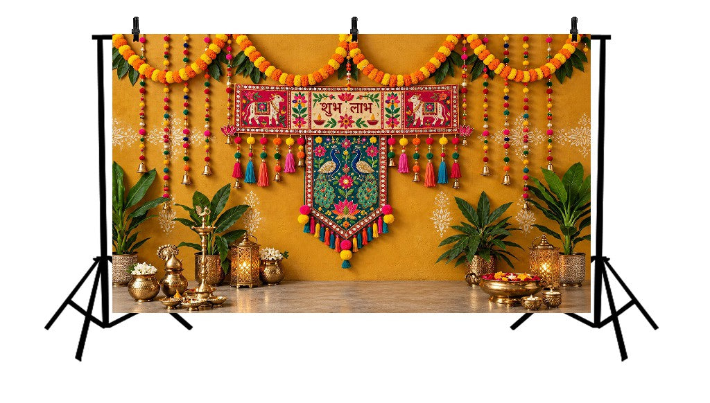 TRADITIONAL SHUBH LABH PEACOCK TORAN & MARIGOLD FESTIVE DECOR - PRINTED BACKDROP