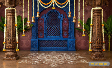 OYAL BLUE TEMPLE ARCHWAY WITH FLORAL GARLANDS & RANGOLI FESTIVE - PRINTED BACKDROP