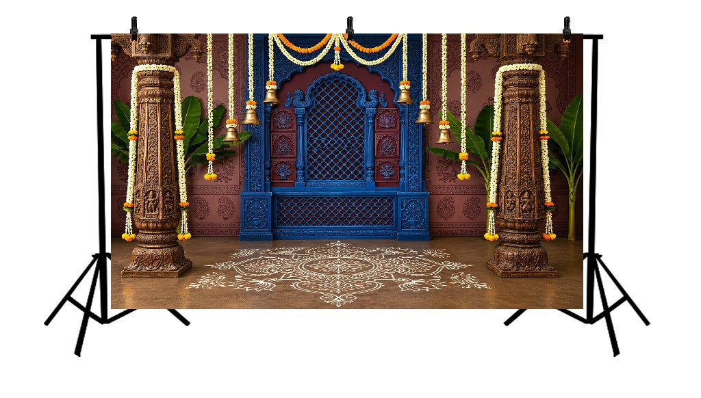 OYAL BLUE TEMPLE ARCHWAY WITH FLORAL GARLANDS & RANGOLI FESTIVE - PRINTED BACKDROP
