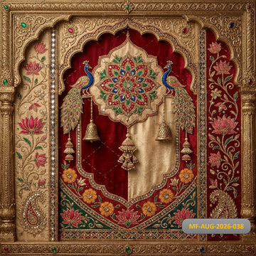 ROYAL PEACOCK LOTUS EMBROIDERY ARCHWAY WITH GOLDEN ORNAMENTAL FRAME - PRINTED BACKDROP