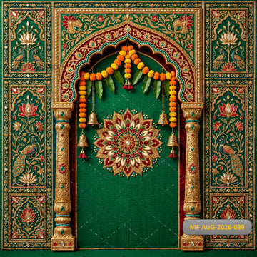 ROYAL GREEN GOLDEN ARCHWAY WITH LOTUS PEACOCK MOTIFS & MARIGOLD TORAN FESTIVE - PRINTED BACKDROP