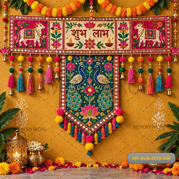 TRADITIONAL SHUBH LABH PEACOCK EMBROIDERY TORAN WITH COLORFUL TASSELS FESTIVE - PRINTED BACKDROP