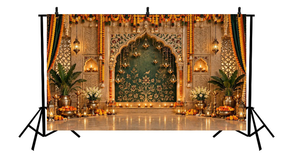 ROYAL MARBLE ARCH FLORAL LAMP DECOR FESTIVE MANDAP - PRINTED BACKDROP