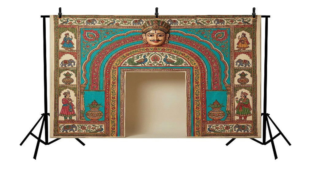 ROYAL TURQUOISE HERITAGE ARCH WITH TRADITIONAL ART BACKDROP - PRINTED BACKDROP