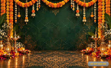 DARK GREEN MARIGOLD DIWALI DECORATION LAMP - PRINTED BACKDROP
