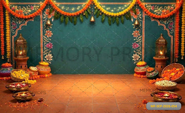 TEAL MARIGOLD FESTIVE LANTERN FLORAL DECORATION  - PRINTED BACKDROP