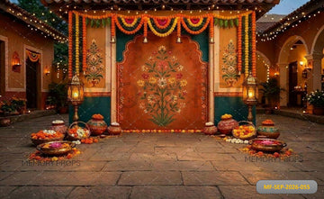 TRADITIONAL VILLAGE COURTYARD MARIGOLD FLORAL DECORATION - PRINTED BACKDROP