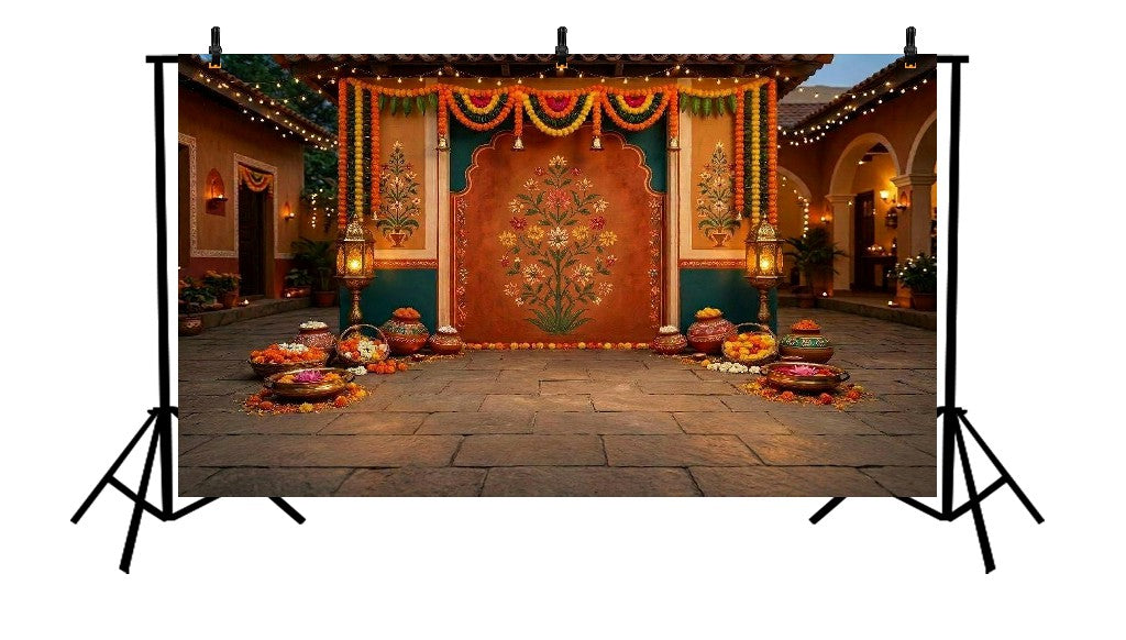 TRADITIONAL VILLAGE COURTYARD MARIGOLD FLORAL DECORATION - PRINTED BACKDROP