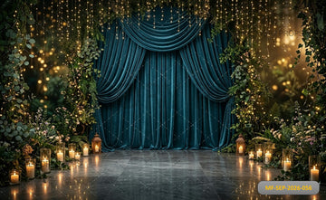 ELEGANT TEAL DRAPED FLORAL GARDEN FAIRY LIGHT - PRINTED BACKDROP