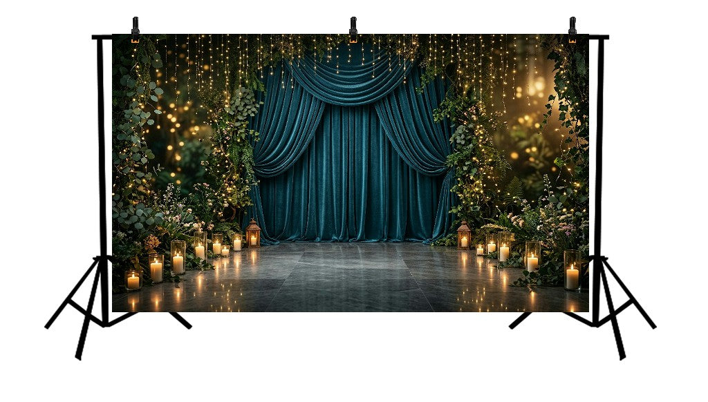 ELEGANT TEAL DRAPED FLORAL GARDEN FAIRY LIGHT - PRINTED BACKDROP