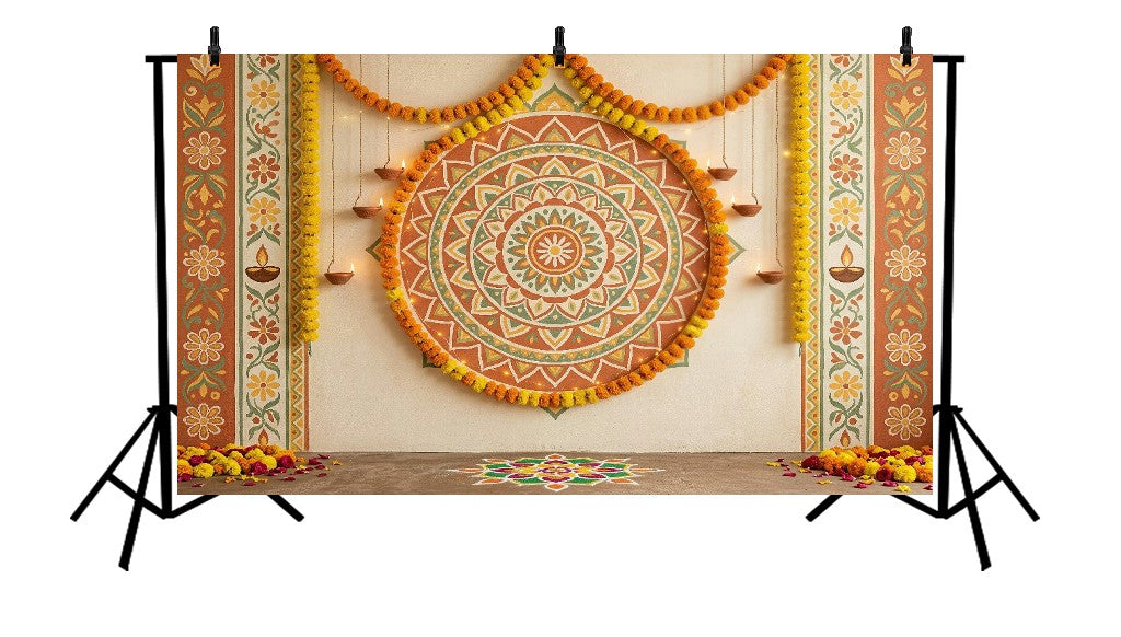 TRADITIONAL RANGOLI DIYA MARIGOLD FESTIVE DECOR - PRINTED BACKDROP