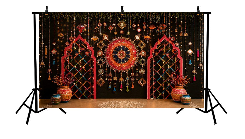 ROYAL MULTICOLOR BOHO ARCH WITH FESTIVE HANGING DECOR BACKDROP - PRINTED BACKDROP