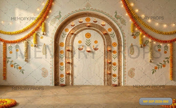 TRADITIONAL ARCH ARCHWAY DIYA MARIGOLD FESTIVE DECOR - PRINTED BACKDROP