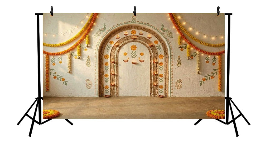 TRADITIONAL ARCH ARCHWAY DIYA MARIGOLD FESTIVE DECOR - PRINTED BACKDROP
