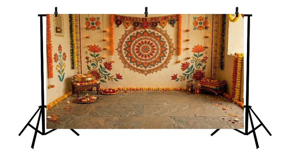 TRADITIONAL RANGOLI MANDALA FLORAL DIWALI DECOR - PRINTED BACKDROP