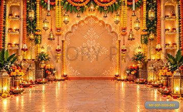 ROYAL MARIGOLD DIYA LANTERN FESTIVE PUJA DECOR - PRINTED BACKDROP