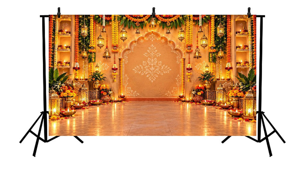 ROYAL MARIGOLD DIYA LANTERN FESTIVE PUJA DECOR - PRINTED BACKDROP
