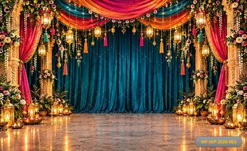 ROYAL TEAL DRAPED FLORAL LANTERN FESTIVE DECOR - PRINTED BACKDROP