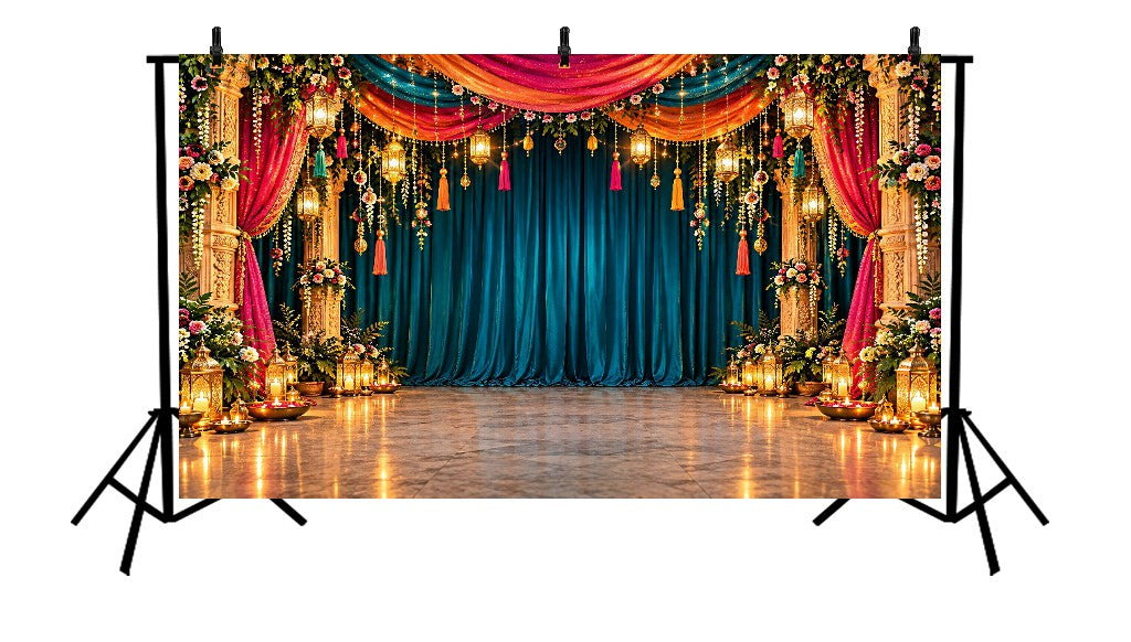 ROYAL TEAL DRAPED FLORAL LANTERN FESTIVE DECOR - PRINTED BACKDROP