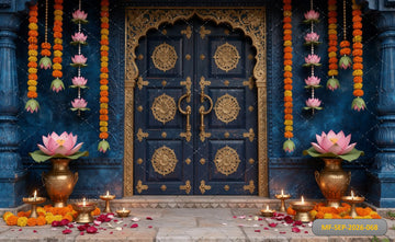 ROYAL BLUE GOLDEN DOOR LOTUS DIWALI - PRINTED BACKDROP
