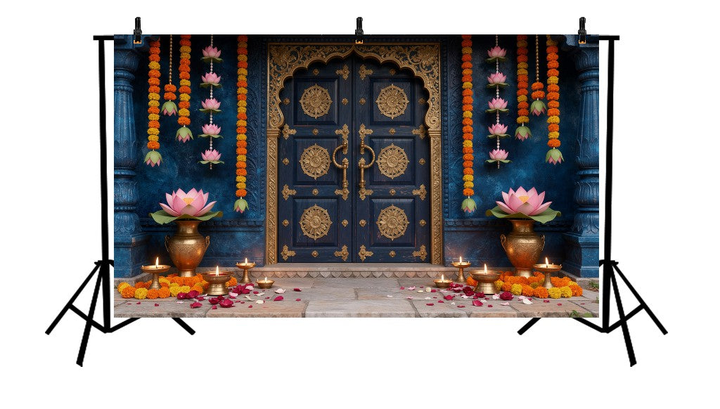 ROYAL BLUE GOLDEN DOOR LOTUS DIWALI - PRINTED BACKDROP