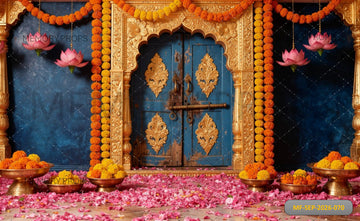 ROYAL BLUE GOLDEN ARCH DOOR MARIGOLD DIWALI - PRINTED BACKDROP