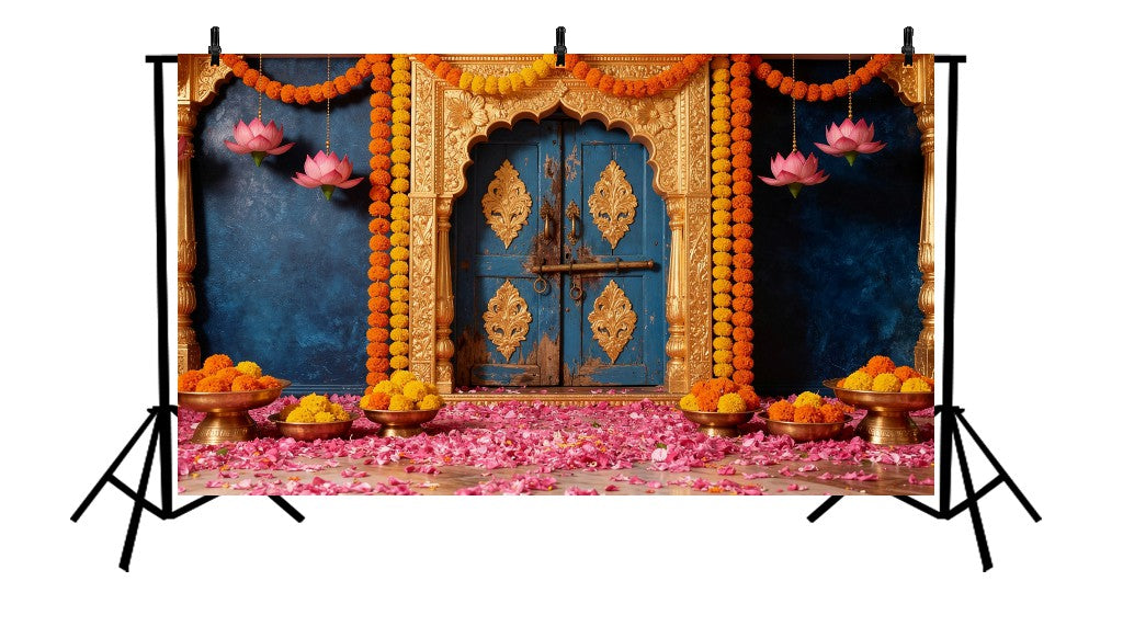 ROYAL BLUE GOLDEN ARCH DOOR MARIGOLD DIWALI - PRINTED BACKDROP