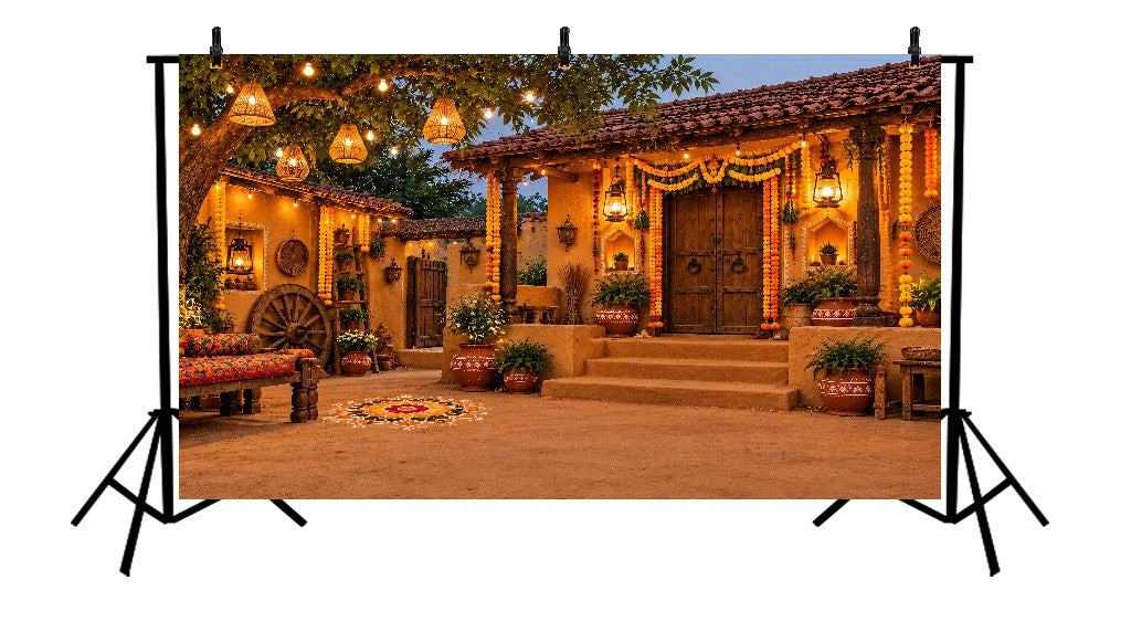 RUSTIC VILLAGE DIWALI COURTYARD FESTIVE - PRINTED BACKDROP