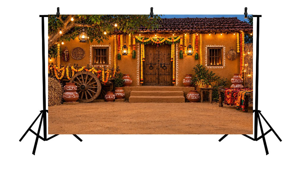 RUSTIC VILLAGE COURTYARD MARIGOLD DIWALI - PRINTED BACKDROP
