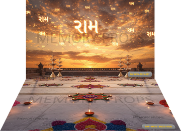 RAM NAME SUNSET DIYA + MANDIR INTERIOR MARBLE FLOOR DIYA RANGOLI BACKDROP