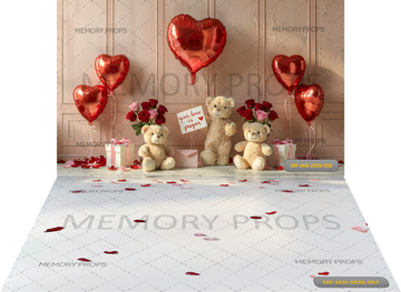 VALENTINE TEDDY BEAR FAMILY WITH RED HEART BALLOONS + EXTENDED FLOOR PATTERN PRINTED BACKDROP