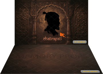 MAJESTIC MARATHA HERITAGE + FLOOR AND WALL SET WITH CHHATRAPATI SILHOUETTE AND CARVED STONE ARCHWAY - PRINTED BACKDROP