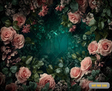 ENCHANTED TEAL FLORAL ROSE FRAME WITH DARK BOTANICAL BACKGROUND - PRINTED BACKDROP