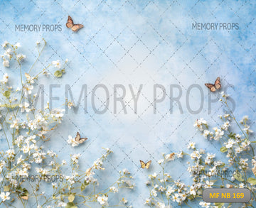 SOFT BLUE SPRING BLOSSOM BACKGROUND WITH BUTTERFLIES - PRINTED BACKDROP