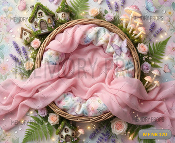 ENCHANTED FAIRY GARDEN NEWBORN NEST WITH FLORAL BLANKET AND BUTTERFLY DREAMSCAPE - PRINTED BACKDROP