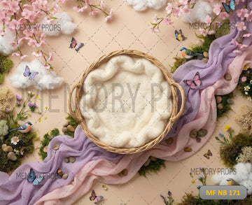 ENCHANTED SPRING BASKET WITH LAVENDER DRAPES AND BUTTERFLIES - PRINTED BACKDROP