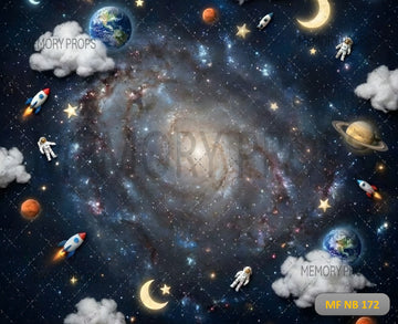 GALACTIC SPACE ADVENTURE WITH ROCKETS AND ASTRONAUTS PRINTED BACKDROP