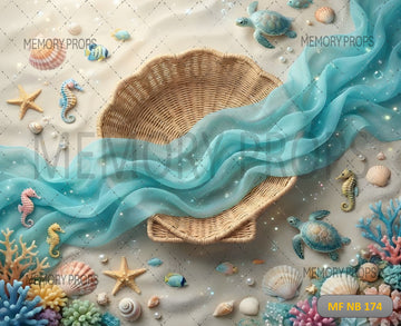 OCEAN TREASURES SHELL BASKET WITH SEA LIFE - PRINTED BACKDROP