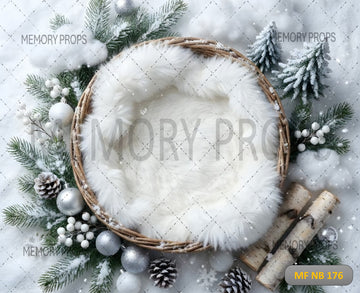 WINTER SNOWY FUR BASKET WITH FROSTED PINE AND SILVER ORNAMENTS NEWBORN - PRINTED BACKDROP