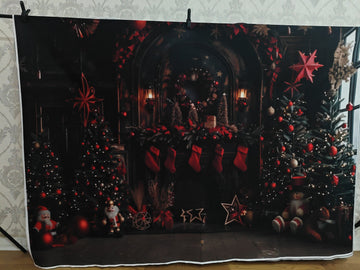 CHRISTMAS TREE FESTIVE FIREPLACE SETUP - PRINTED BACKDROP