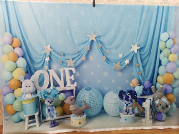 PASTEL BLUE FIRST BIRTHDAY BALLOON SETUP - PRINTED BACKDROP