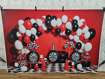 RACING CAR THEME BALLOON PARTY SETUP - PRINTED BACKDROP
