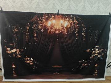 LUXURY BLACK DRAPE CHANDELIER STAGE SETUP - PRINTED BACKDROP