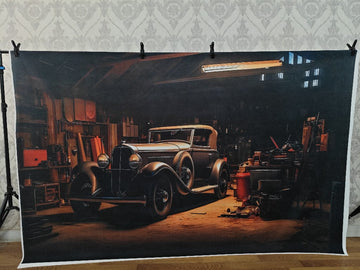 VINTAGE CLASSIC CAR GARAGE SCENE - PRINTED BACKDROP