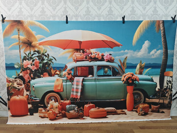 TROPICAL BEACH VACATION VINTAGE CAR SETUP - PRINTED BACKDROP